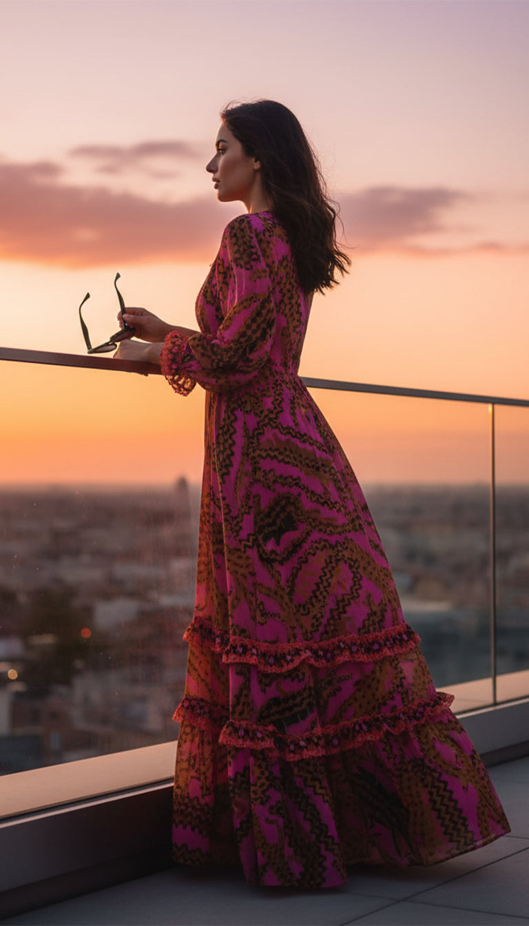 Farm Rio Ruffled printed georgette maxi dress