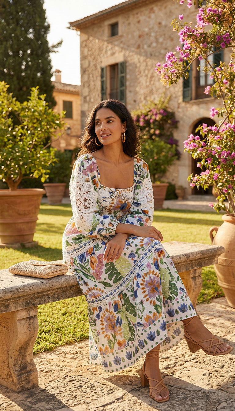Farm Rio Summer Garden Embroidered Cotton Midi Dress