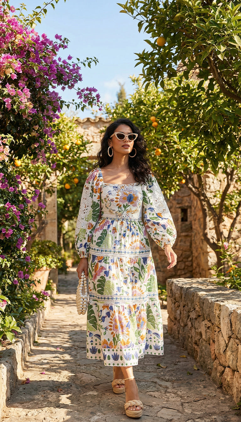Farm Rio Summer Garden Embroidered Cotton Midi Dress