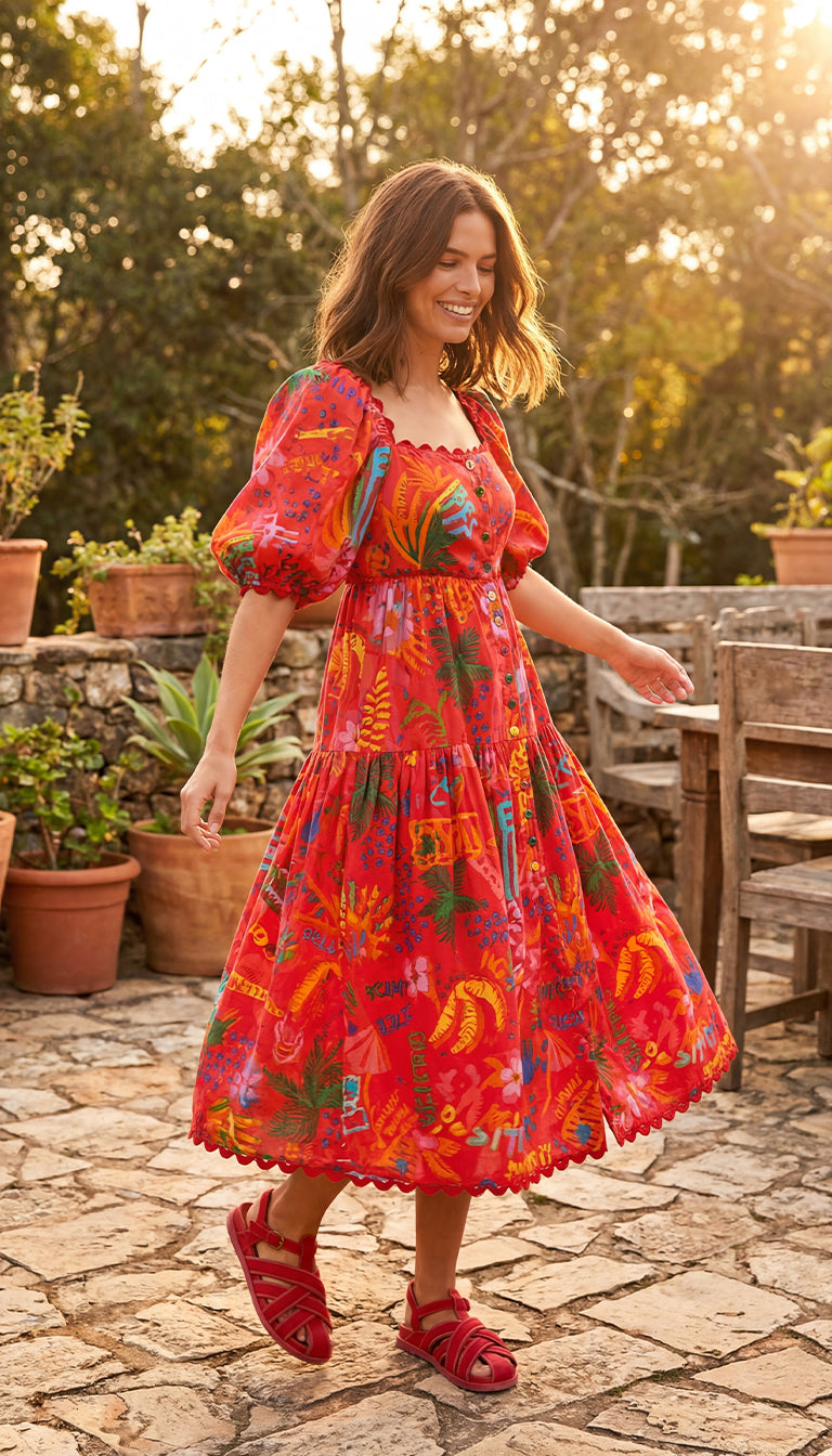 farm rio puff sleeve midi dress FARM Rio Star Fruits Midi Dress