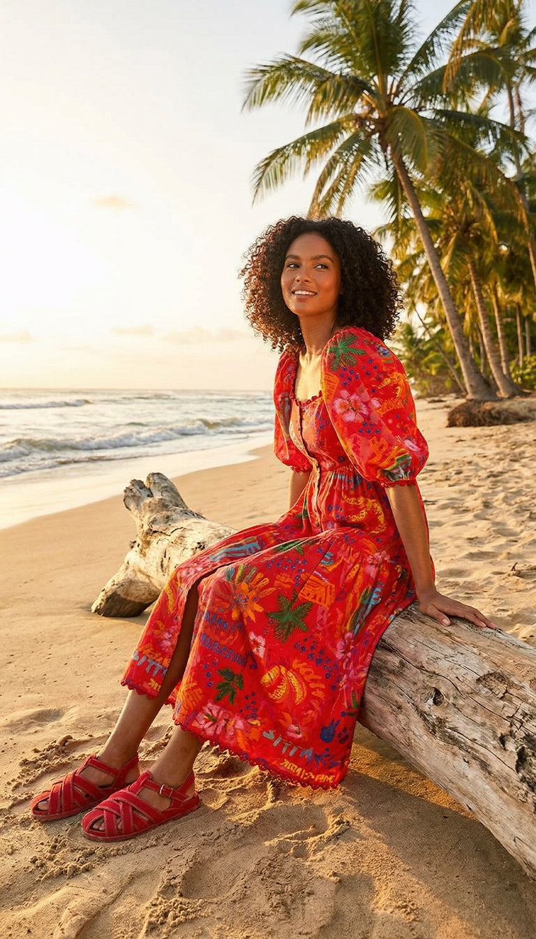 Farm Rio puff sleeves good vibes midi dress