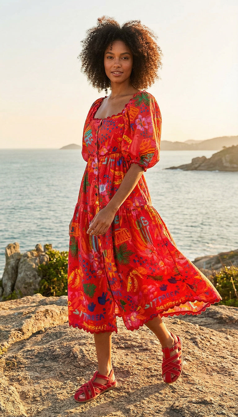 Farm Rio puff sleeves good vibes midi dress