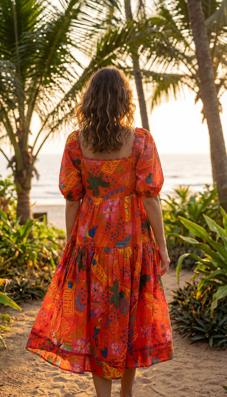 Farm Rio puff sleeves good vibes midi dress