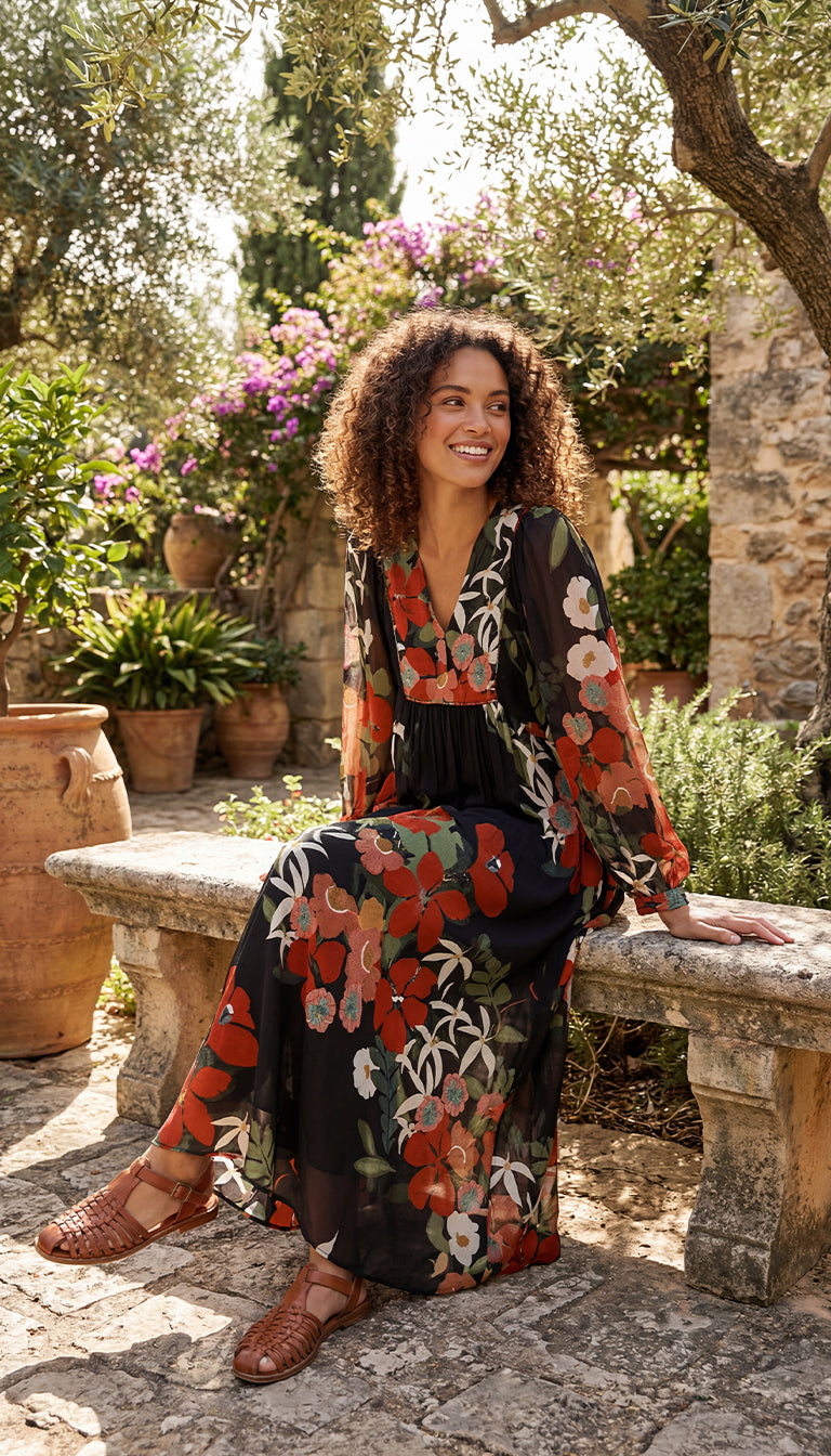 Farm Rio x Anthropologie Long-Sleeve V-Neck Floral Maxi Dress