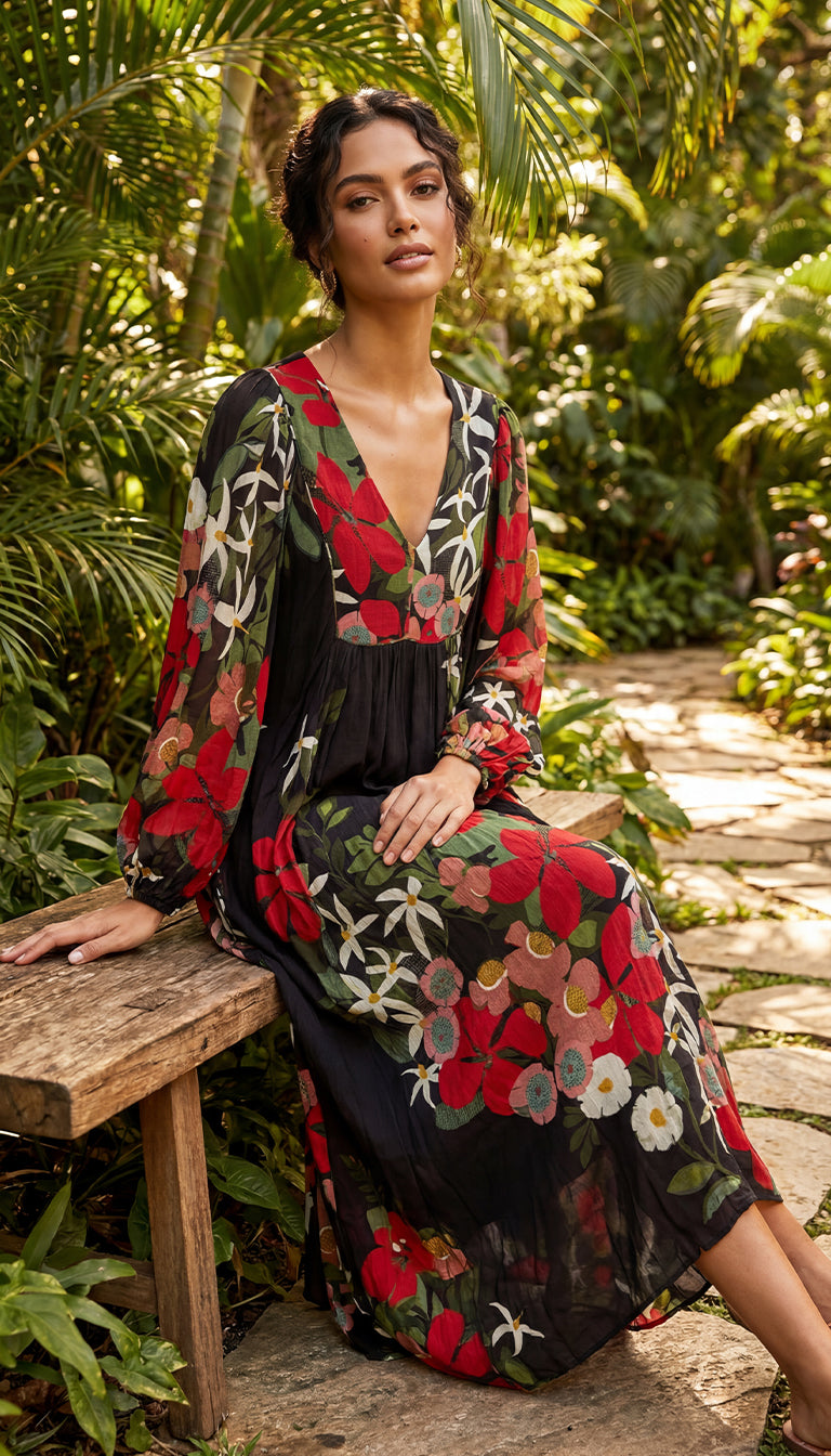 Farm Rio x Anthropologie Long-Sleeve V-Neck Floral Maxi Dress
