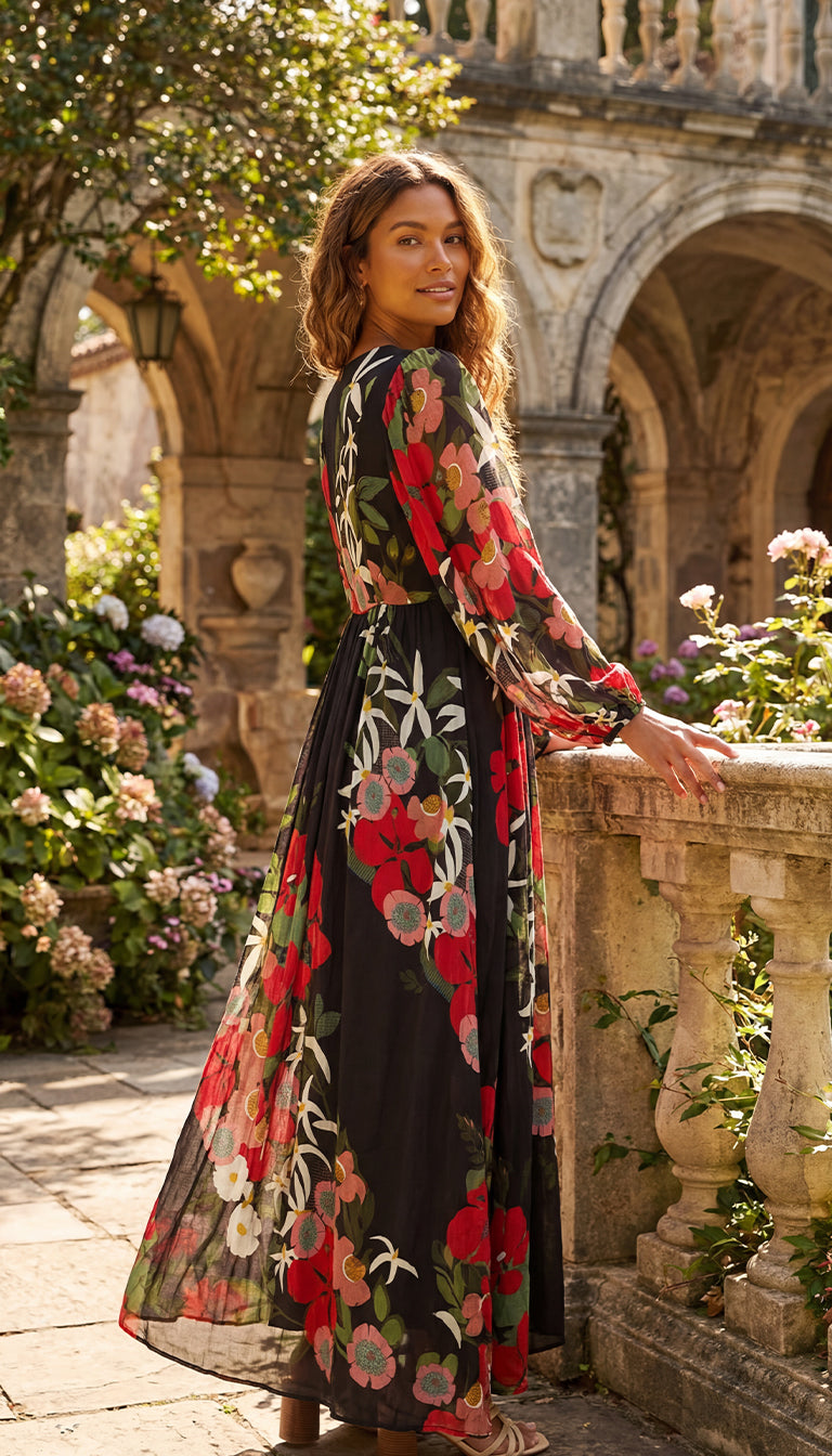 Farm Rio x Anthropologie Long-Sleeve V-Neck Floral Maxi Dress
