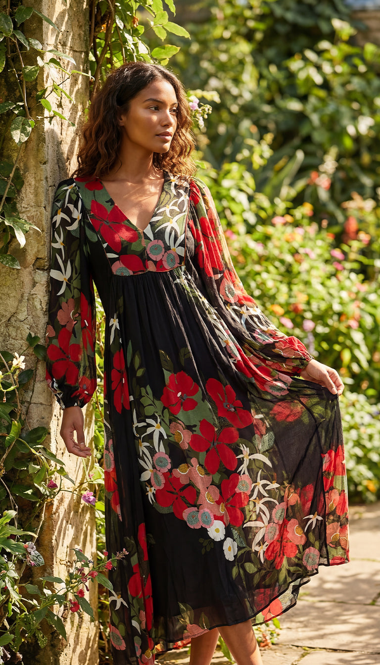 Farm Rio x Anthropologie Long-Sleeve V-Neck Floral Maxi Dress