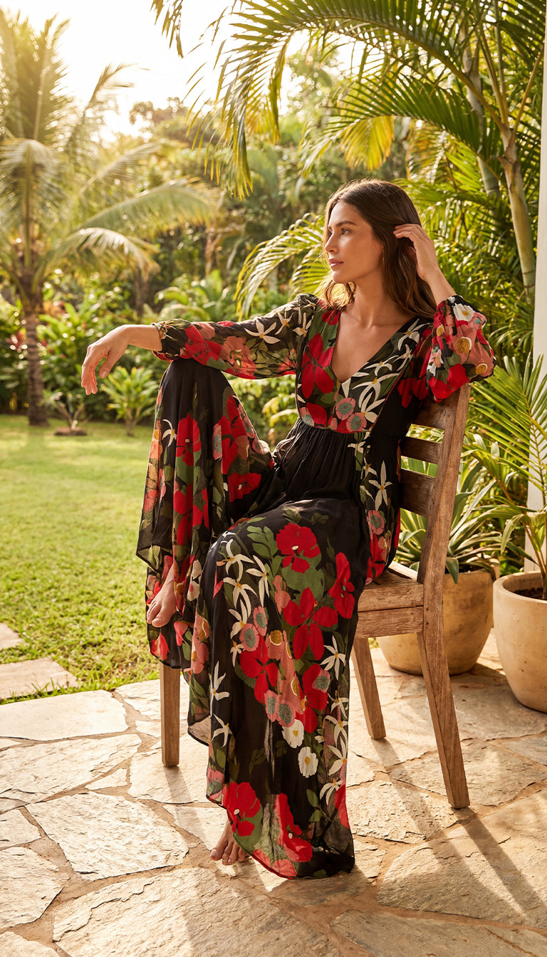 Farm Rio x Anthropologie Long-Sleeve V-Neck Floral Maxi Dress