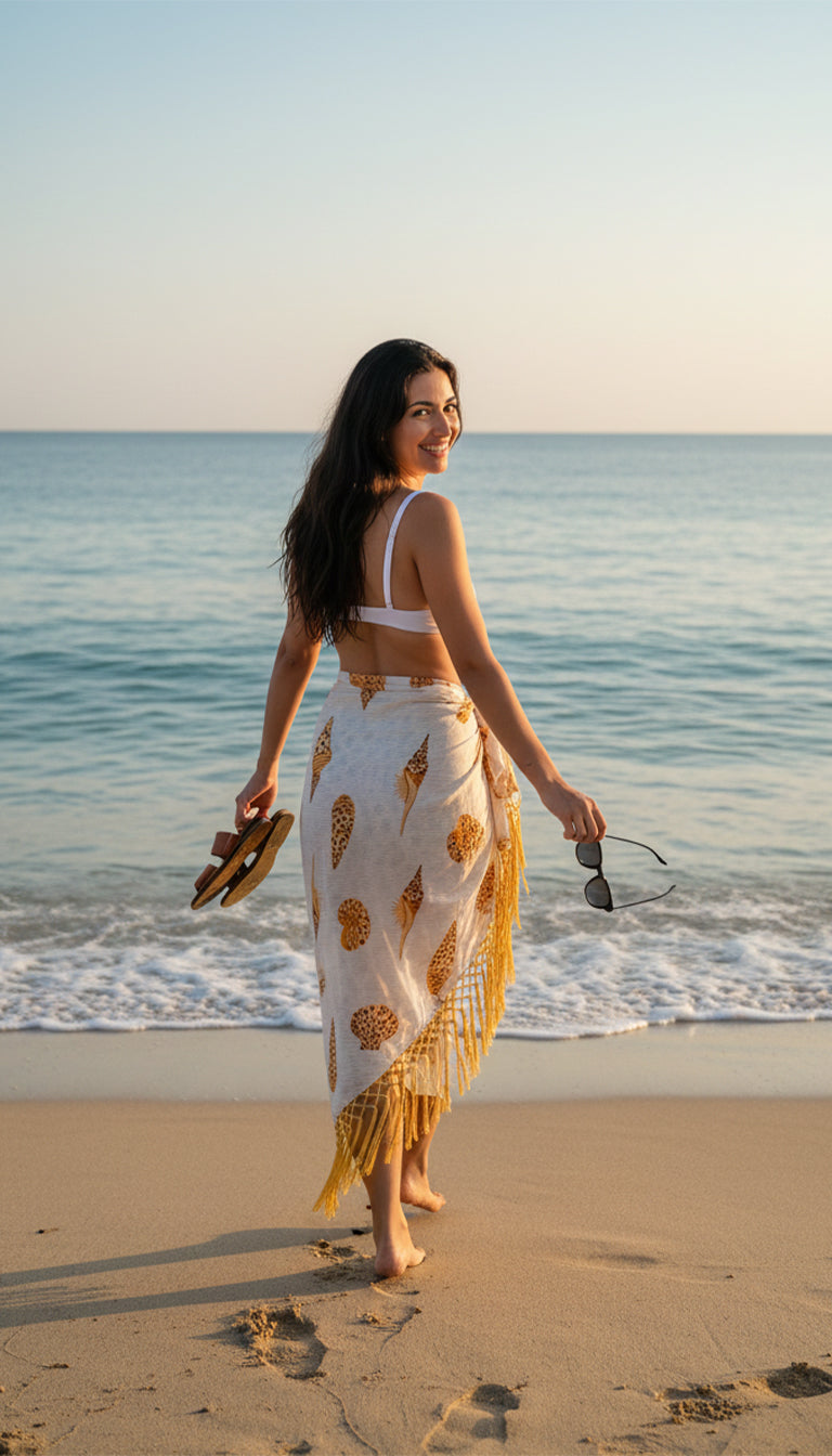 Farm rio Printed Beach Cover-Up with Painted Shell Design Sarong