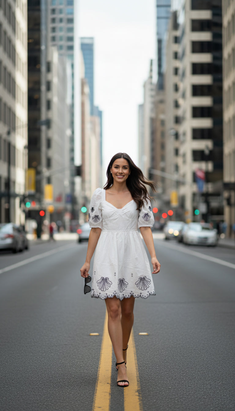 French Connection Cambra embroidered cotton anglaise mini dress in white