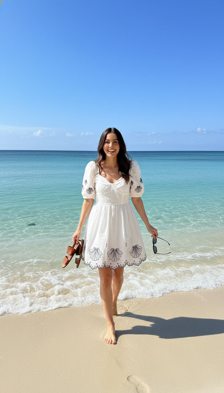 French Connection Cambra embroidered cotton anglaise mini dress in white