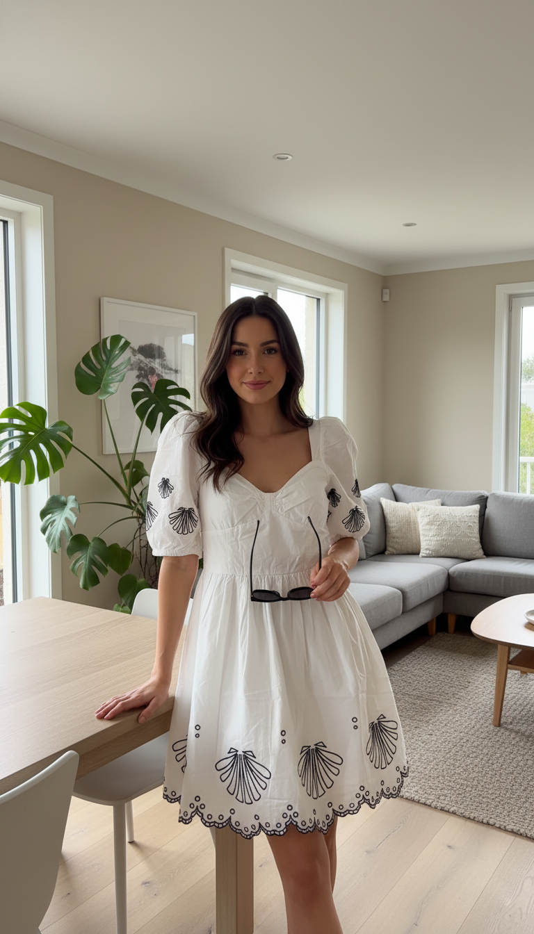 French Connection Cambra embroidered cotton anglaise mini dress in white