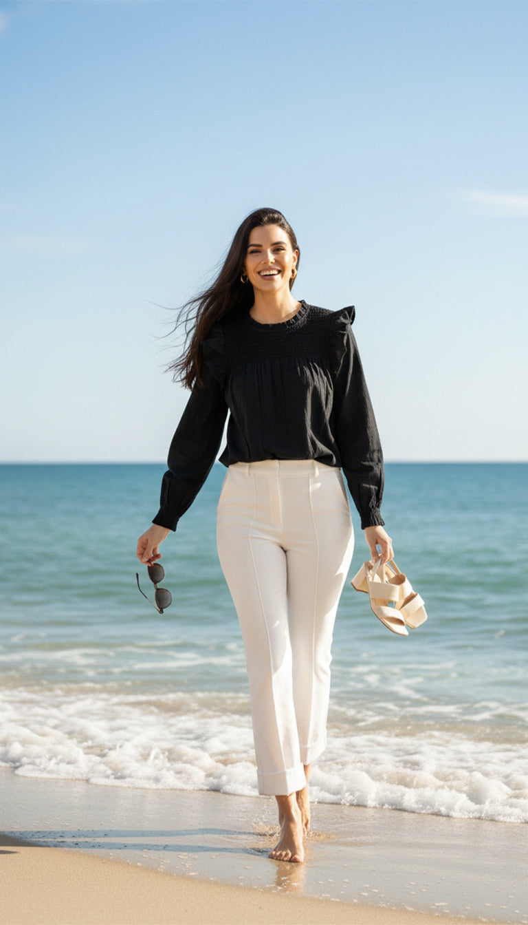 GAP Black Ruffle Detail Long Sleeve Top for Women | Elegant Casual & Workwear Blouse