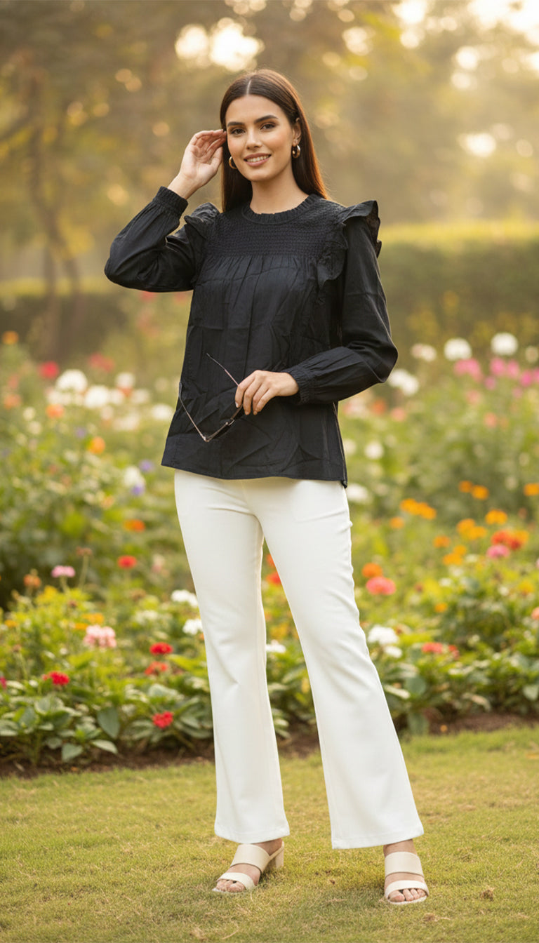 GAP Black Ruffle Detail Long Sleeve Top for Women | Elegant Casual & Workwear Blouse