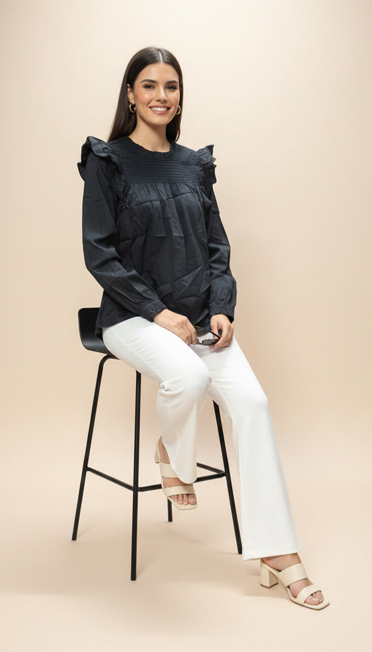 GAP Black Ruffle Detail Long Sleeve Top for Women | Elegant Casual & Workwear Blouse