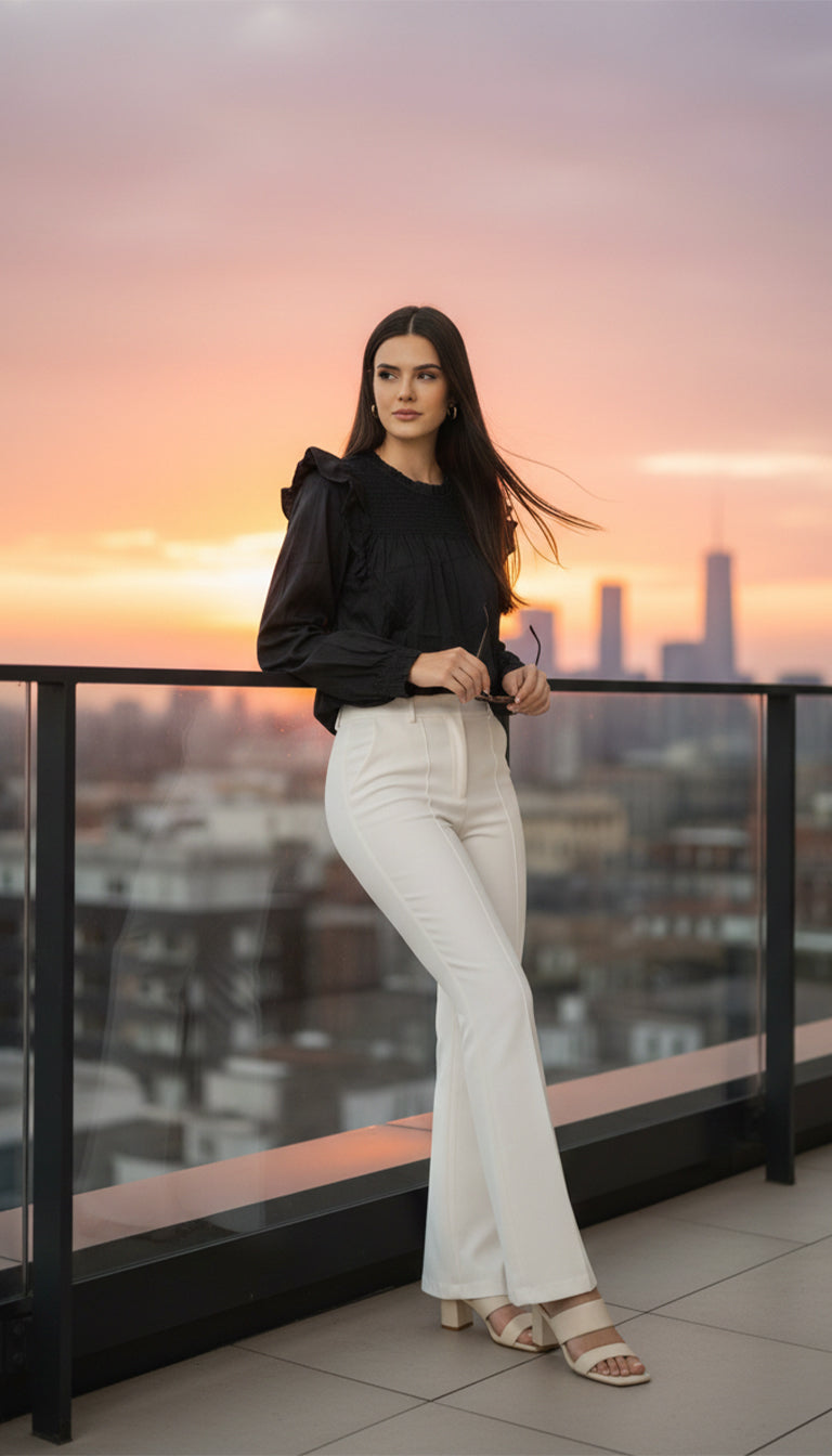 GAP Black Ruffle Detail Long Sleeve Top for Women | Elegant Casual & Workwear Blouse