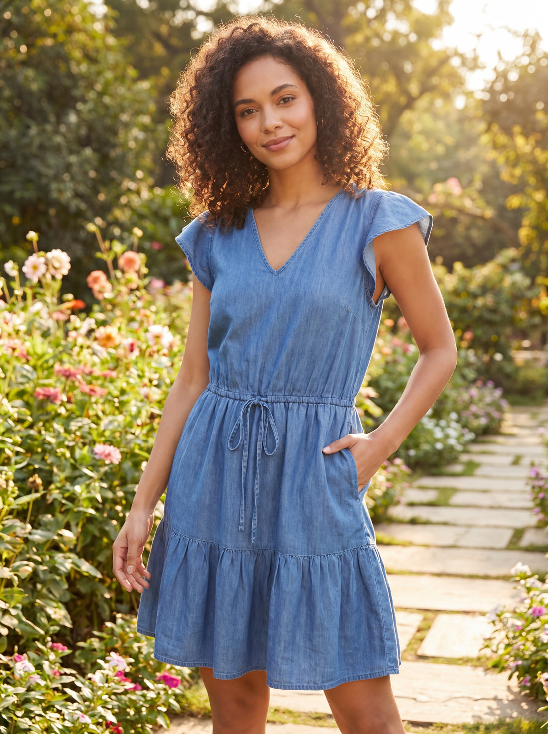 GAP Women's Chambray Denim Mini Dress | Flutter Sleeve V-Neck Casual Summer Dress