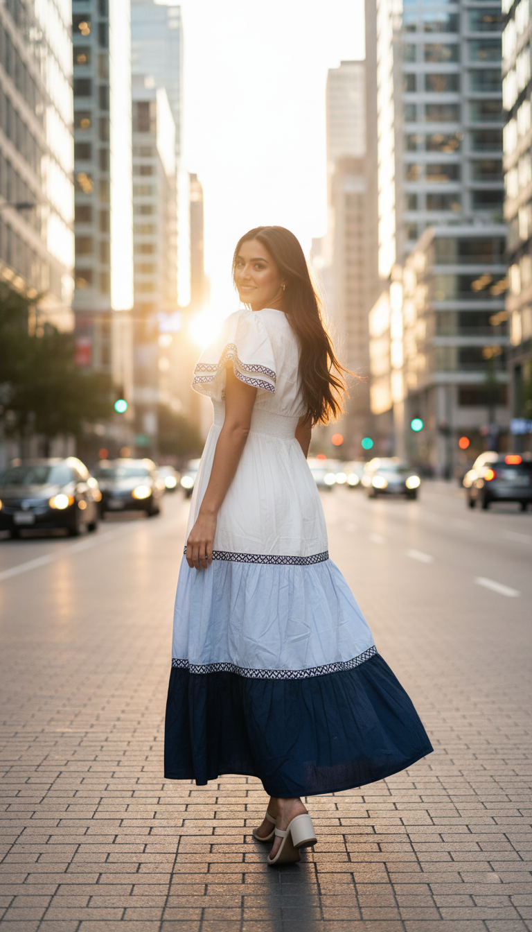 Maeve Blue Horizon Tiered Cotton Maxi Dress with Embroidered Detailing
