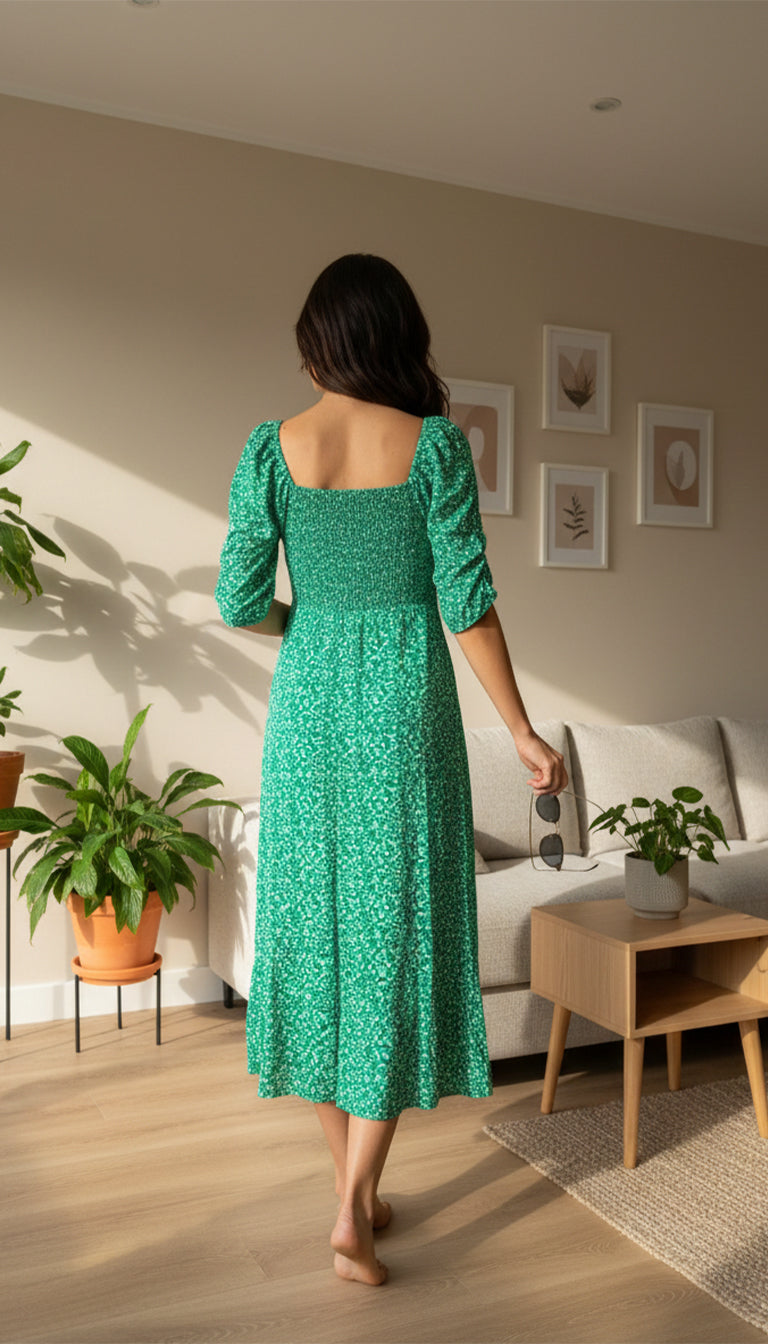 Green Floral Square Neck Midi Dress for Women | Puff Sleeve Summer Dress