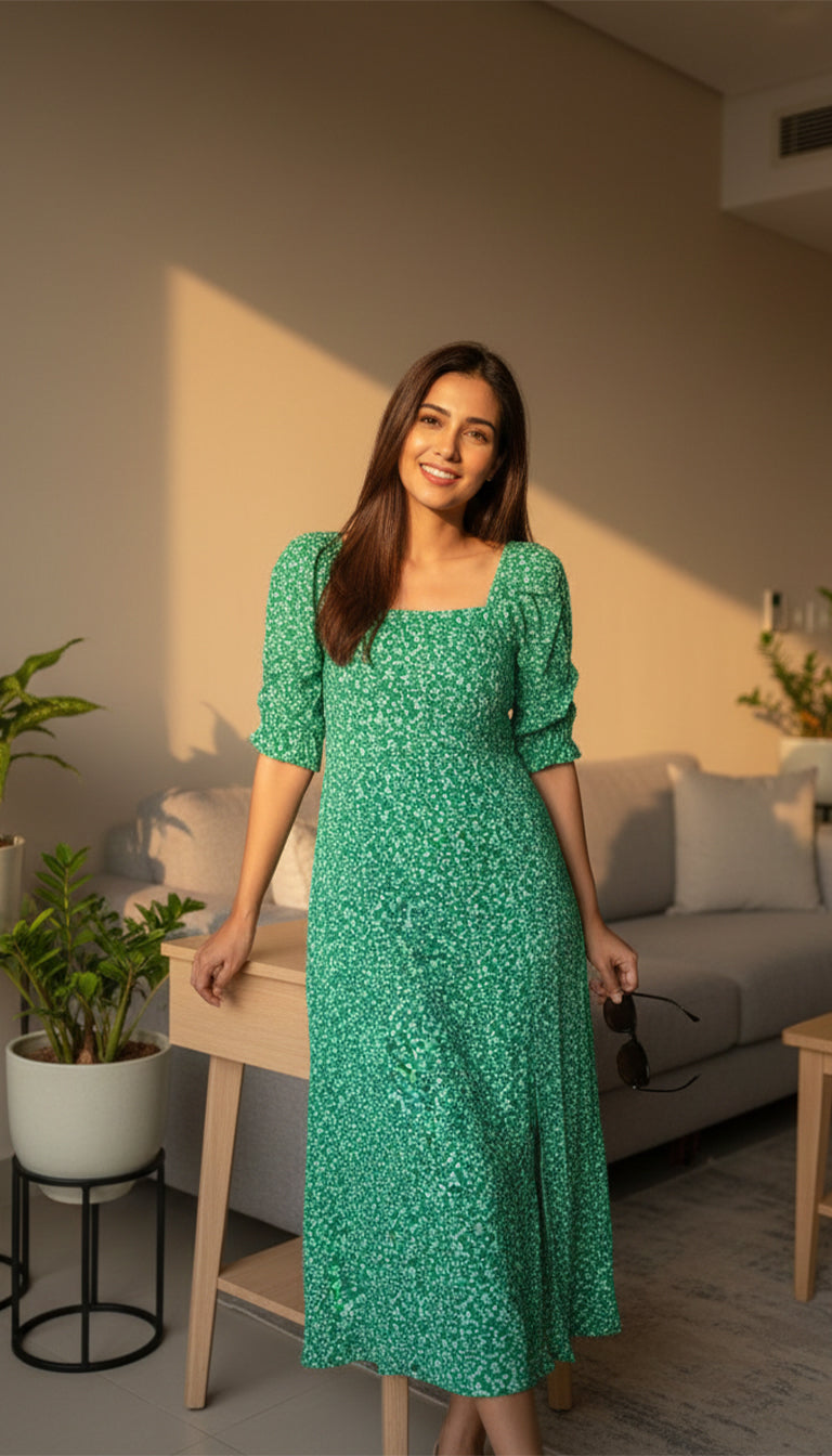Green Floral Square Neck Midi Dress for Women | Puff Sleeve Summer Dress