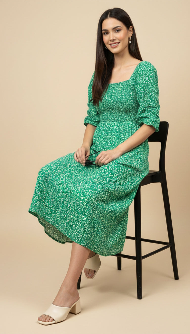 Green Floral Square Neck Midi Dress for Women | Puff Sleeve Summer Dress