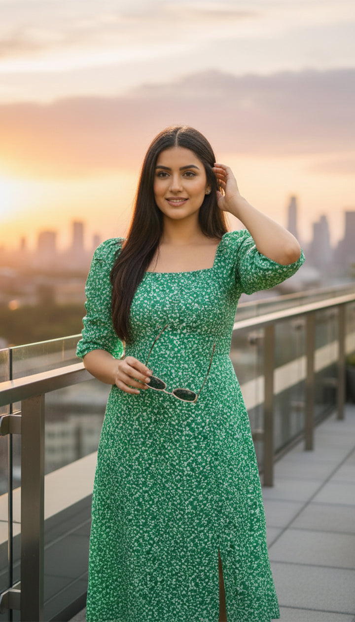 Green Floral Square Neck Midi Dress for Women | Puff Sleeve Summer Dre Augusthouseofbrands Green Floral Square Neck Midi Dress for Women | Puff Sleeve Summer Dre Augusthouseofbrands