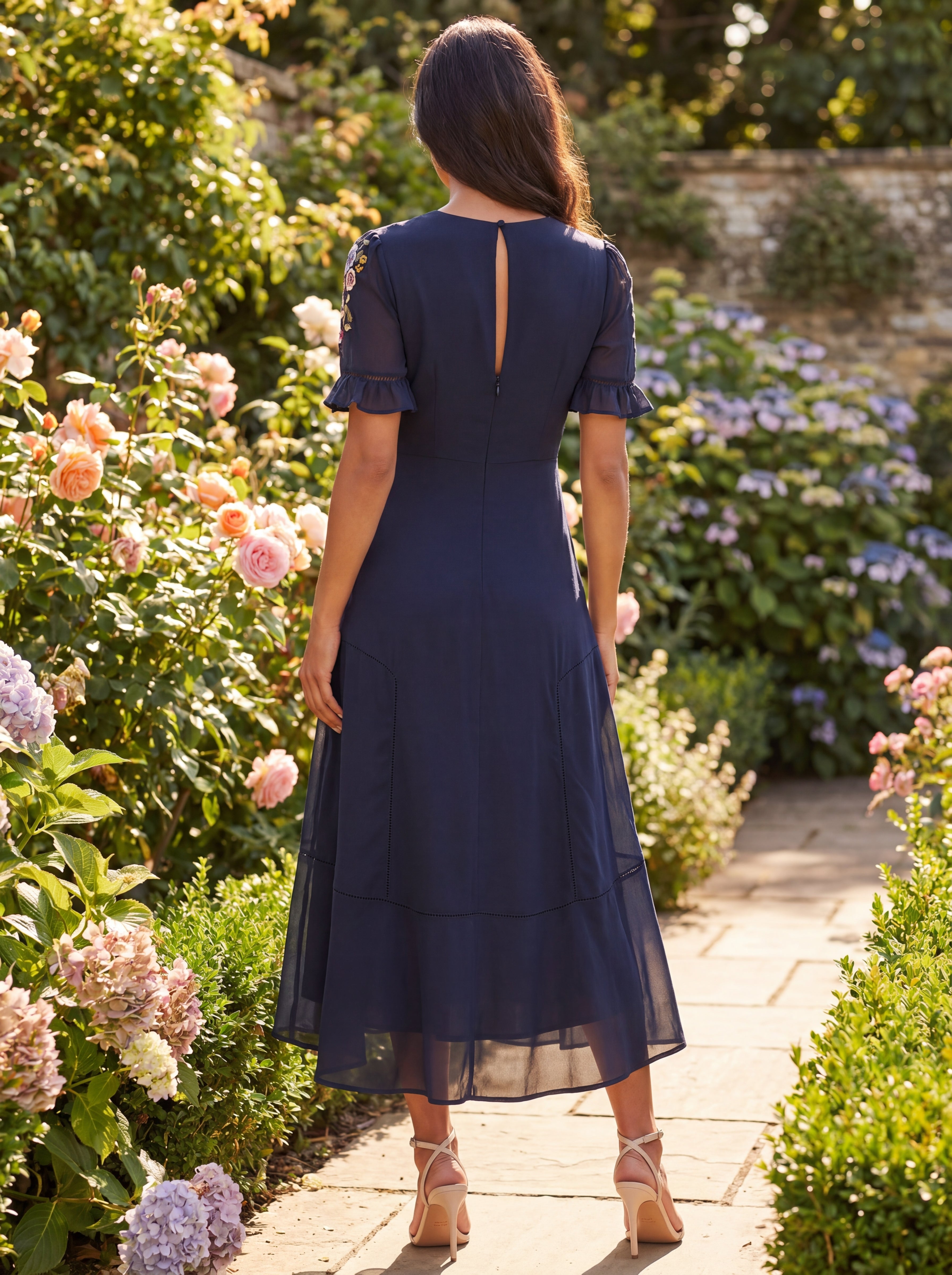 Hope & Ivy Navy Floral Embroidered Midi Dress | Women's Embellished V-Neck Occasion Dress