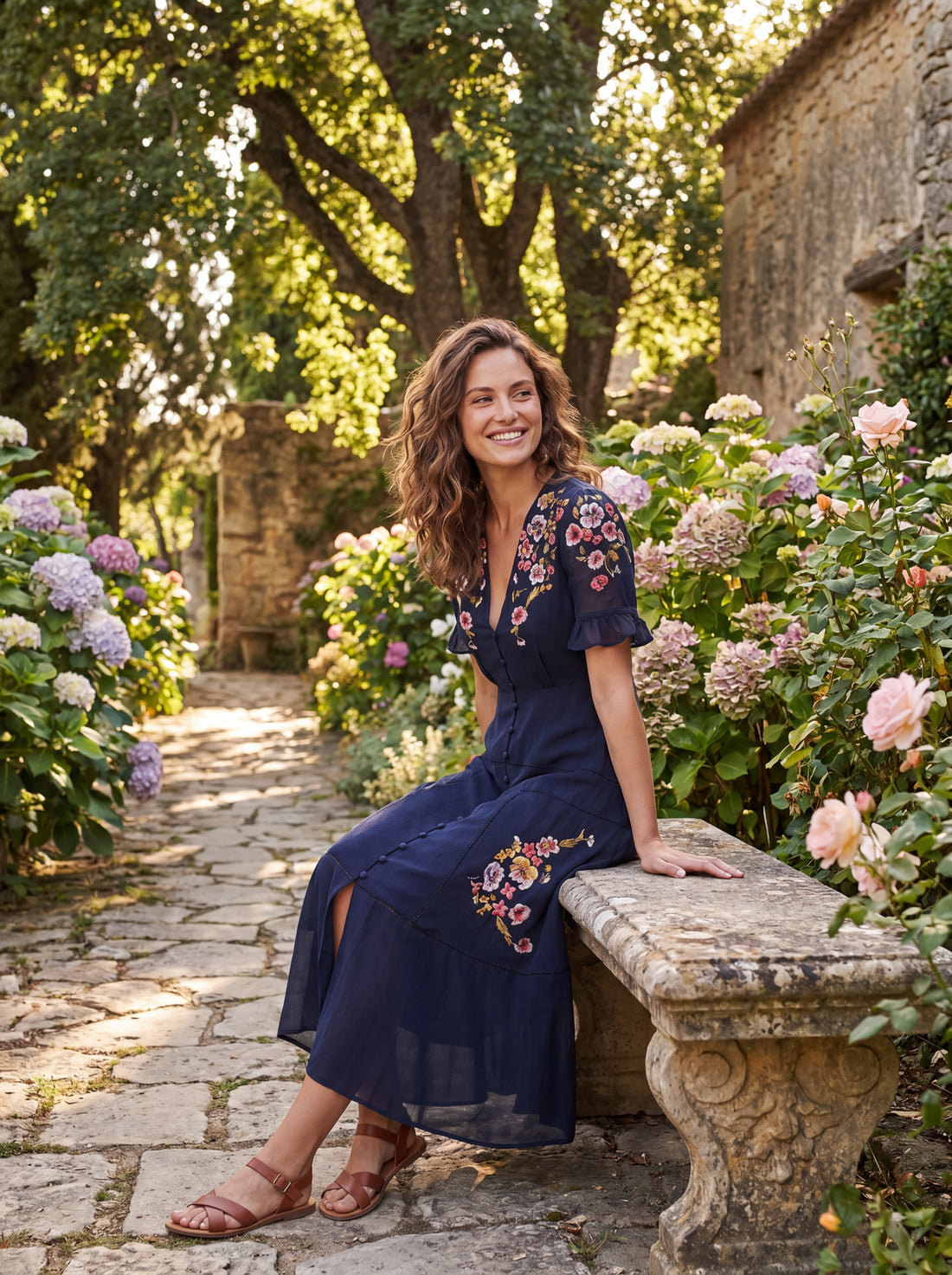 Hope & Ivy Navy Floral Embroidered Midi Dress | Women's Embellished V-Neck Occasion Dress