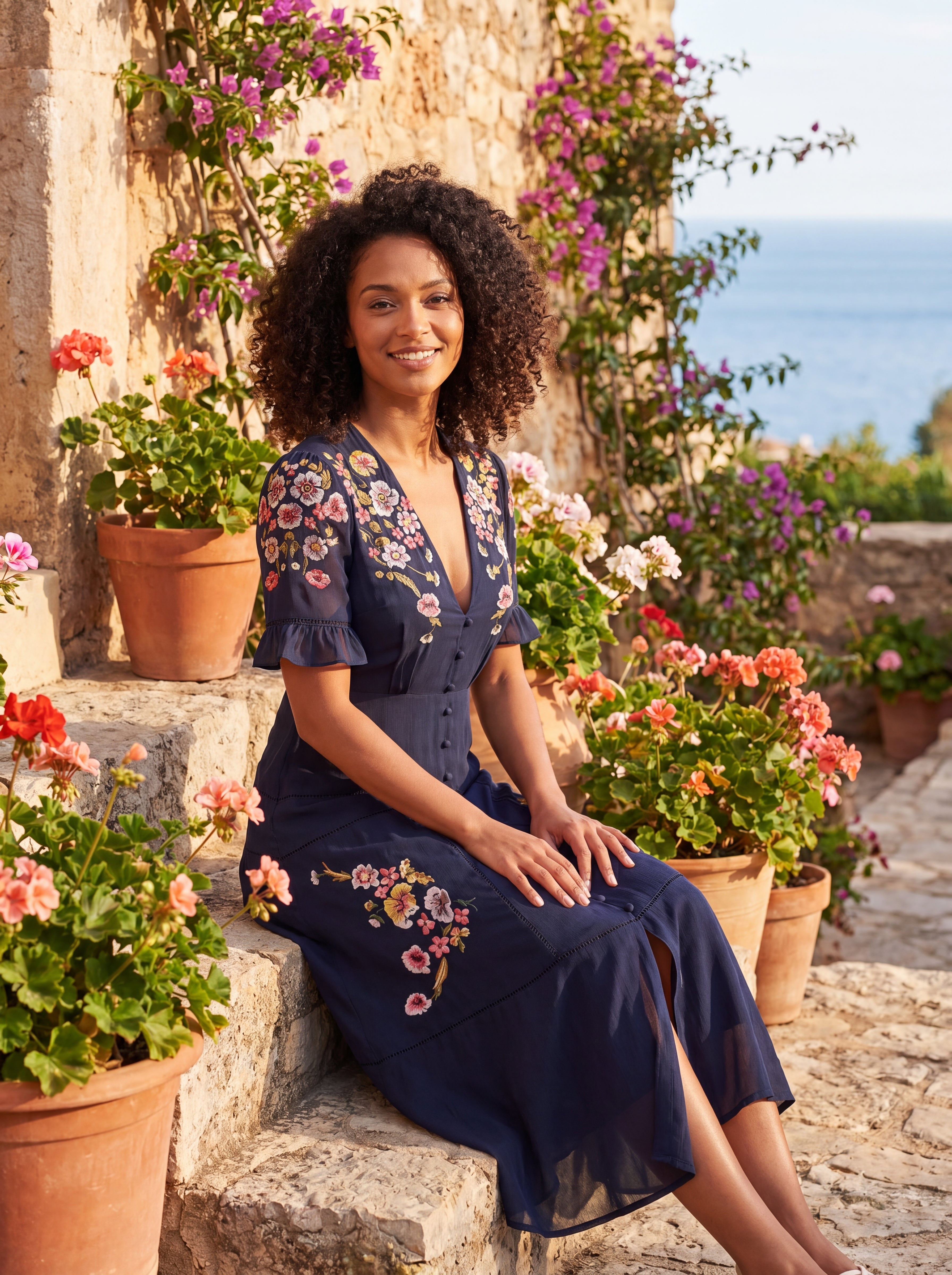 Hope & Ivy Navy Floral Embroidered Midi Dress | Women's Embellished V-Neck Occasion Dress