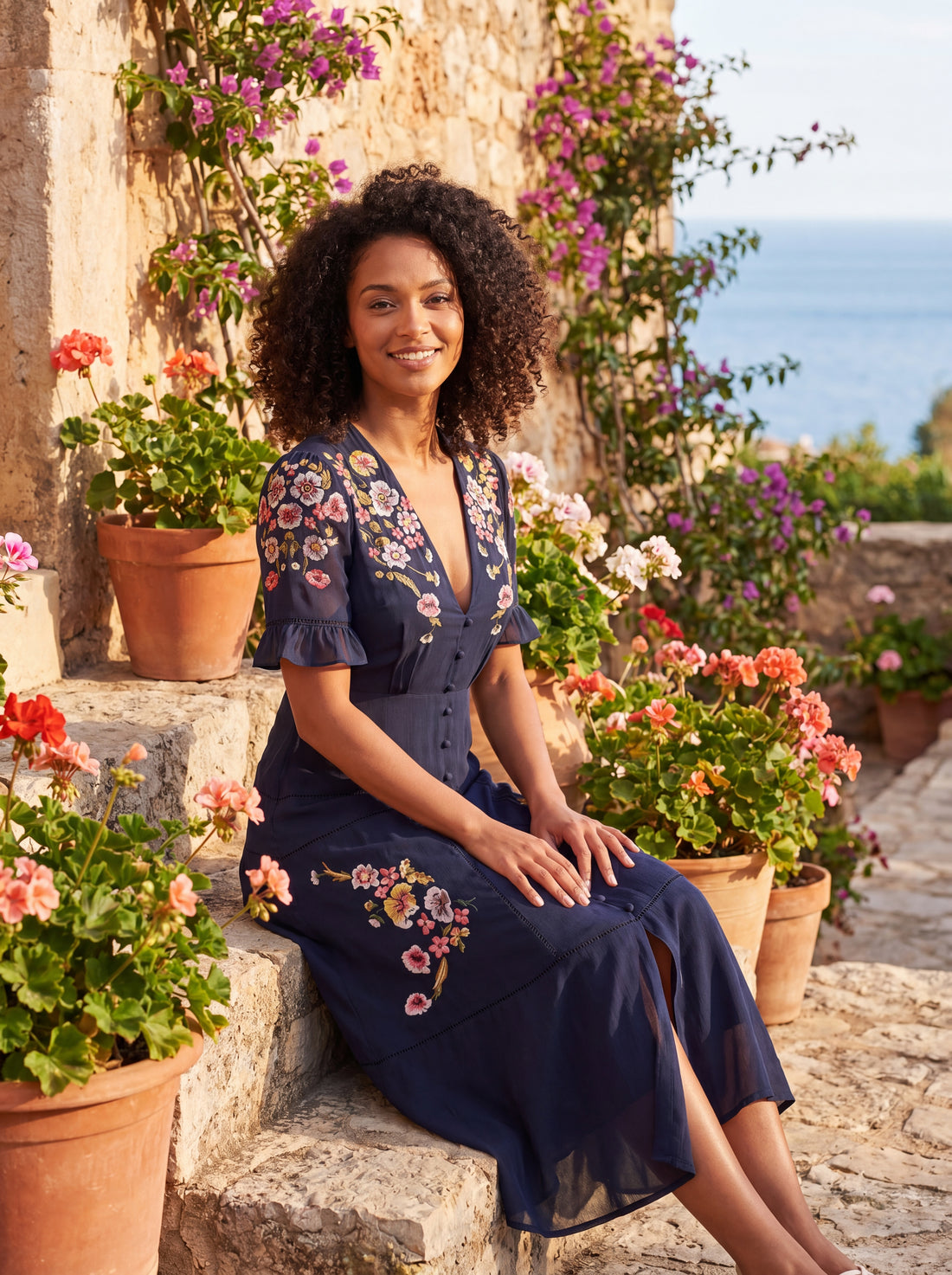 Hope & Ivy Navy Floral Embroidered Midi Dress | Women's Embellished V-Neck Occasion Dress