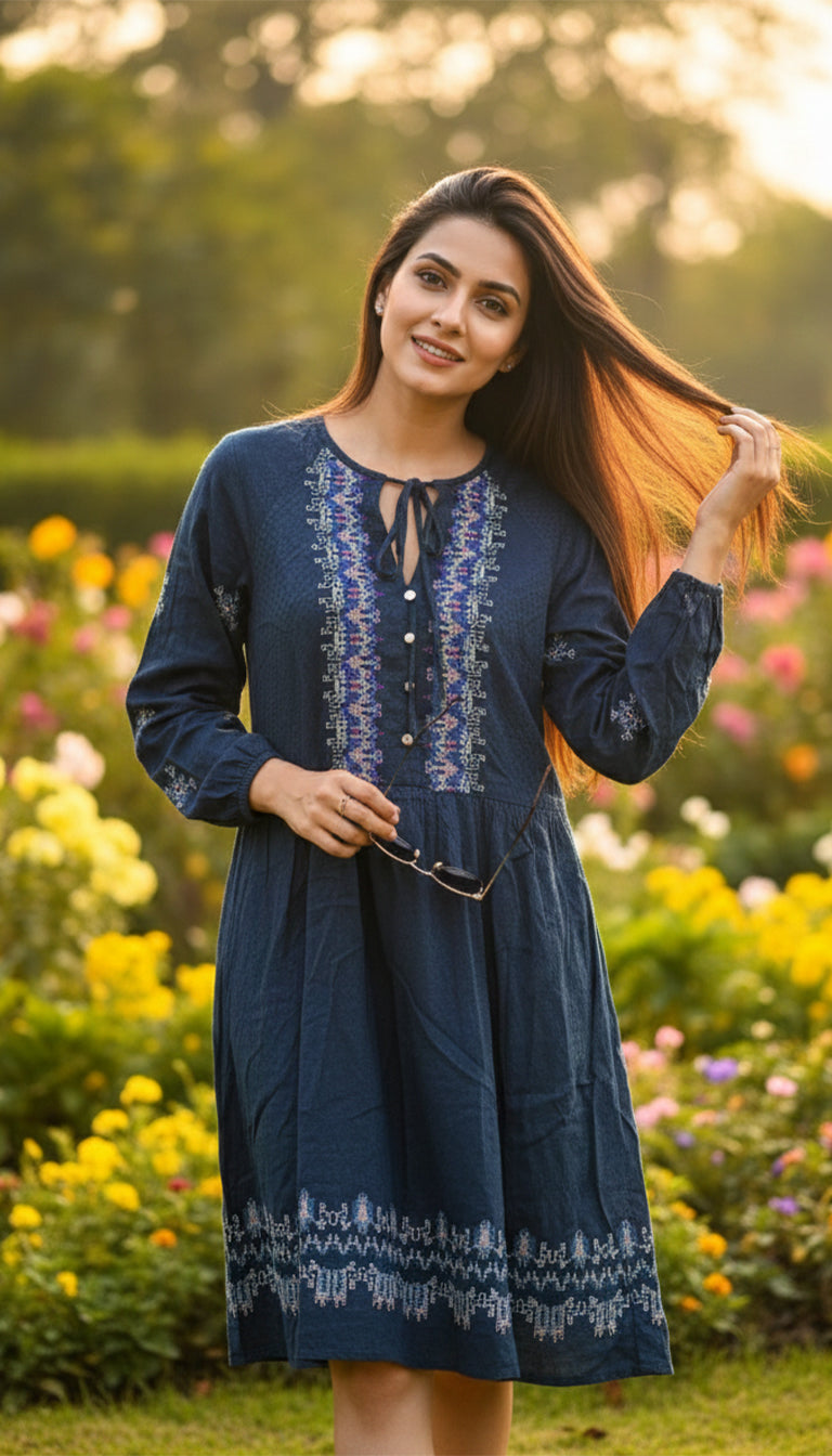 Knox Rose Women's Balloon Long Sleeve Floral Embroidered Dress