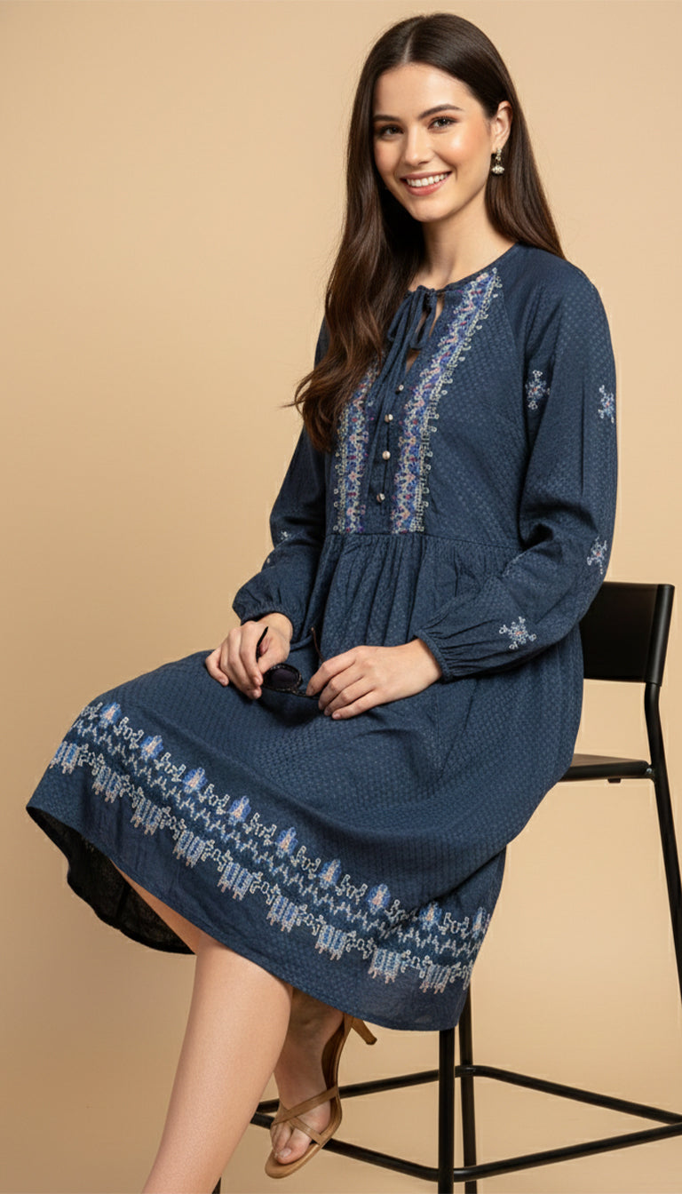 Knox Rose Women's Balloon Long Sleeve Floral Embroidered Dress