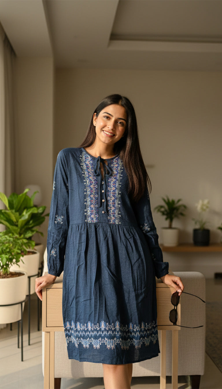 Knox Rose Women's Balloon Long Sleeve Floral Embroidered Dress