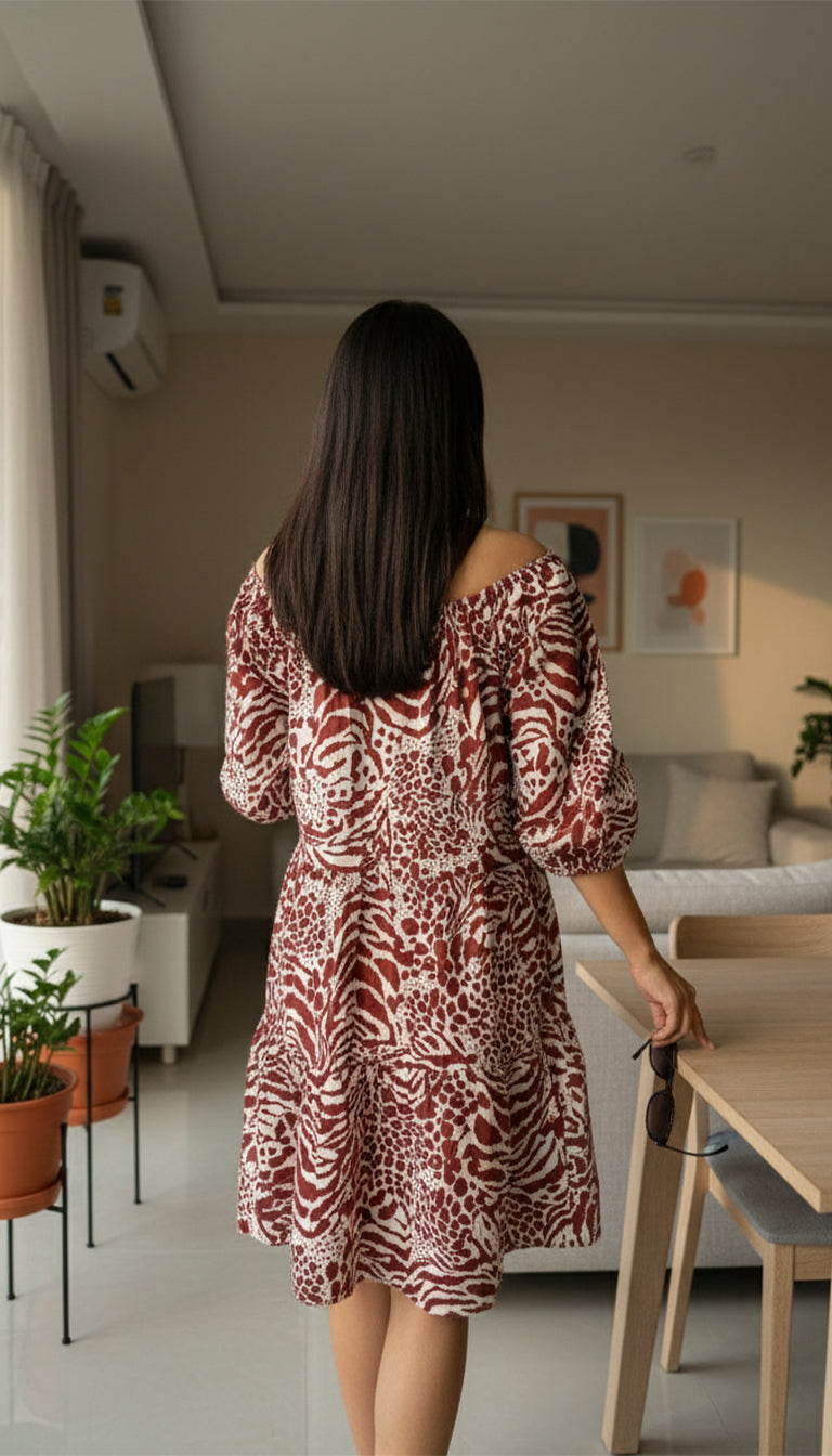 MANGO Poplin Animal Print Off The Shoulder Smock Dress In Red-multi
