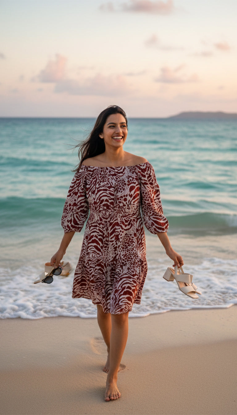 MANGO Poplin Animal Print Off The Shoulder Smock Dress In Red-multi