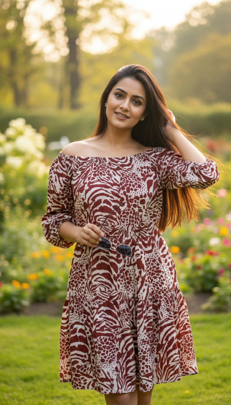 MANGO Poplin Animal Print Off The Shoulder Smock Dress In Red-multi