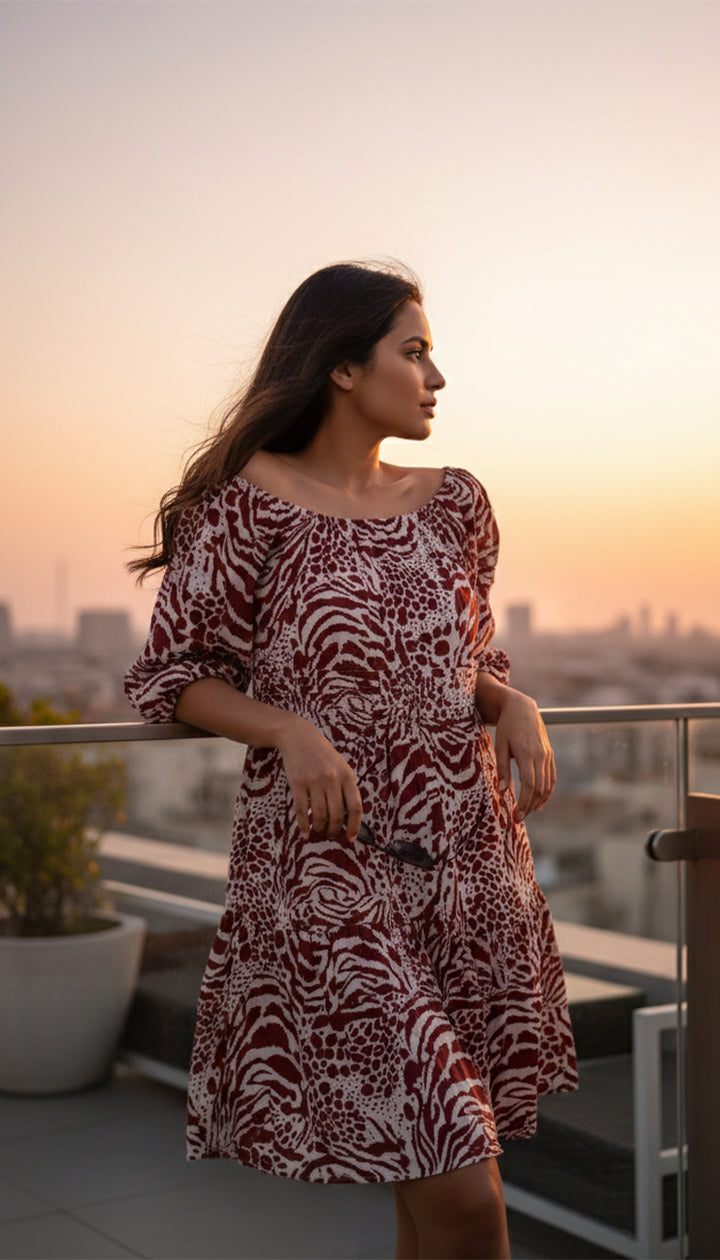 MANGO Poplin Animal Print Off The Shoulder Smock Dress In Red-multi