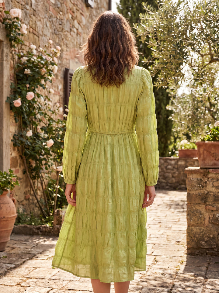 M&S Lime Green Crinkle Texture Midi Dress | Women's Long Sleeve Button Front Dress