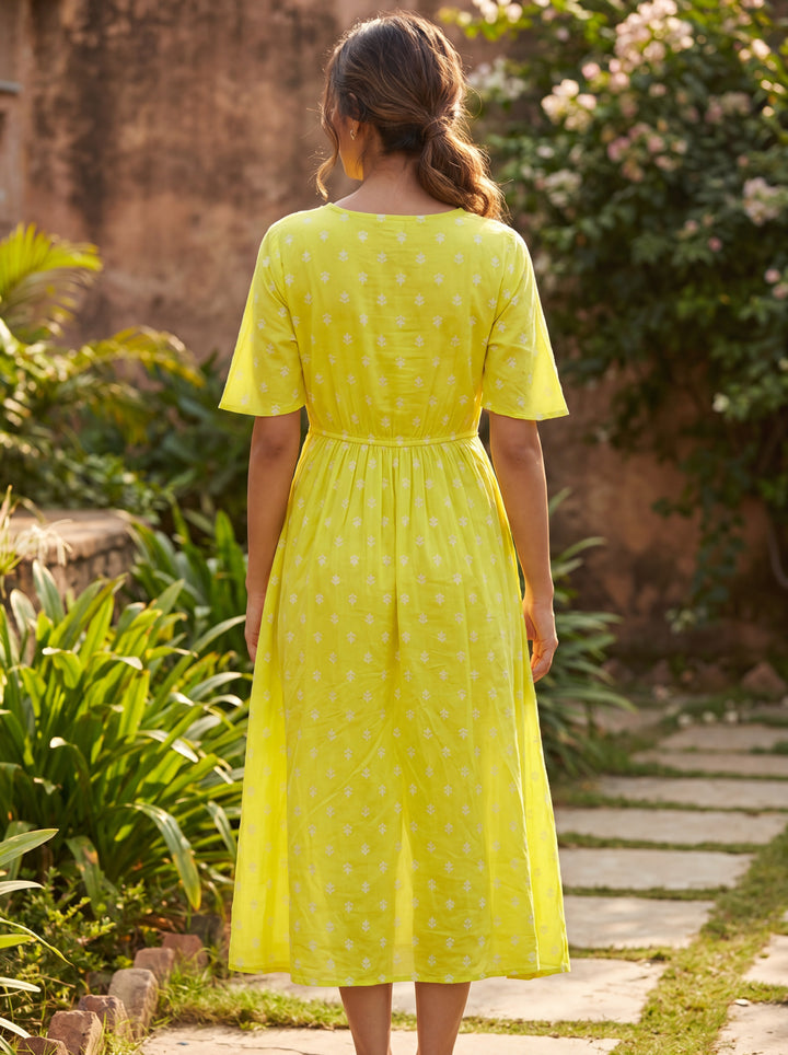 M&S Yellow Printed Ruched Midi Dress | Women's V-Neck Short Sleeve Summer Dress