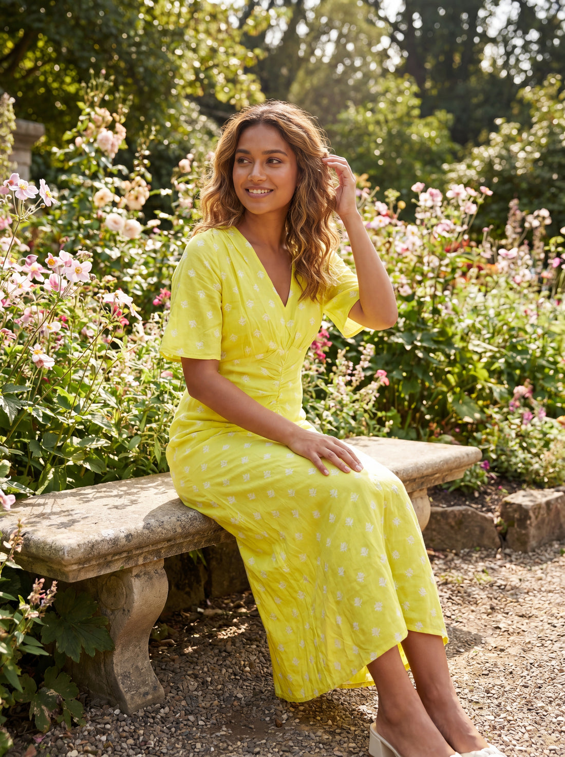 M&S Yellow Printed Ruched Midi Dress | Women's V-Neck Short Sleeve Summer Dress