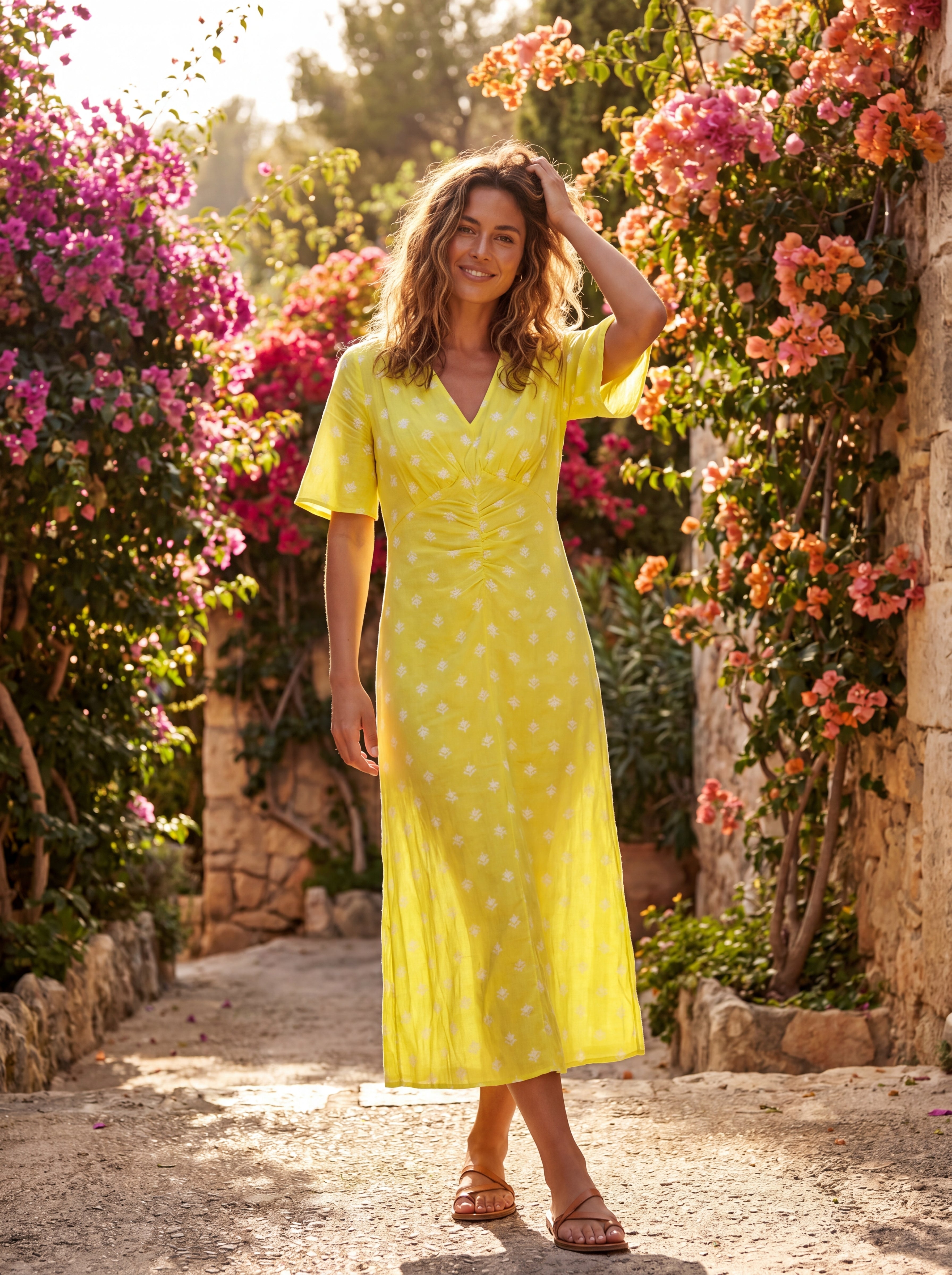 M&S Yellow Printed Ruched Midi Dress | Women's V-Neck Short Sleeve Summer Dress