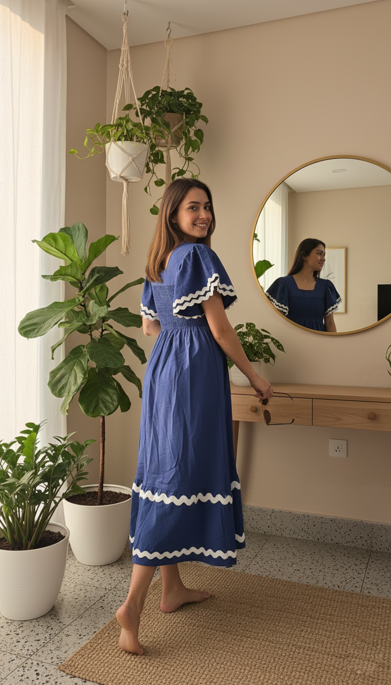 Maeve Azure Wave Square Neck Cotton Maxi Dress – Blue with White Trim