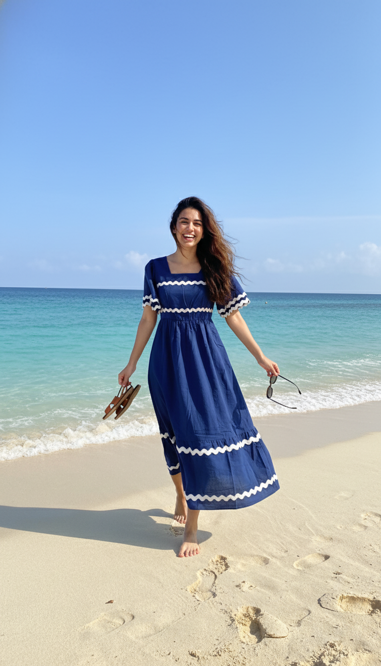 Maeve Azure Wave Square Neck Cotton Maxi Dress – Blue with White Trim