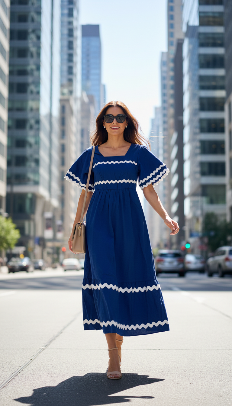 Maeve Azure Wave Square Neck Cotton Maxi Dress – Blue with White Trim