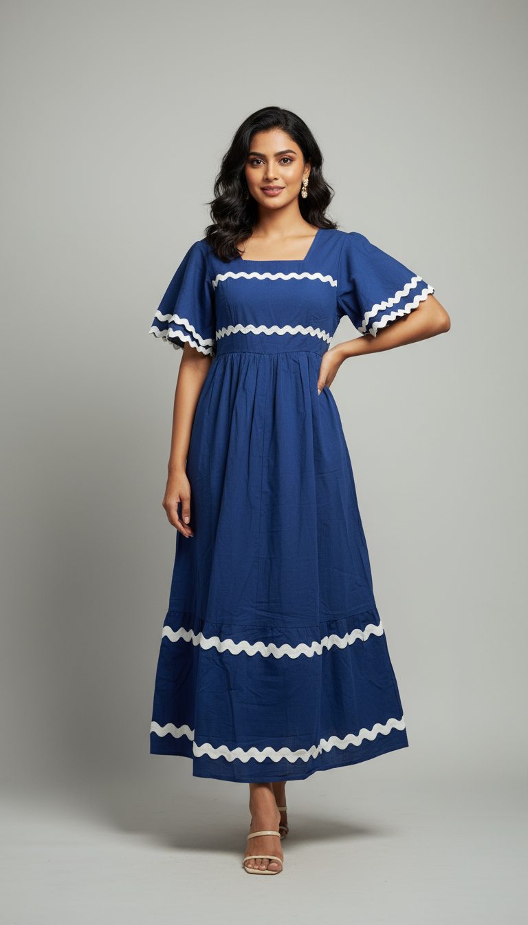 Maeve Azure Wave Square Neck Cotton Maxi Dress – Blue with White Trim