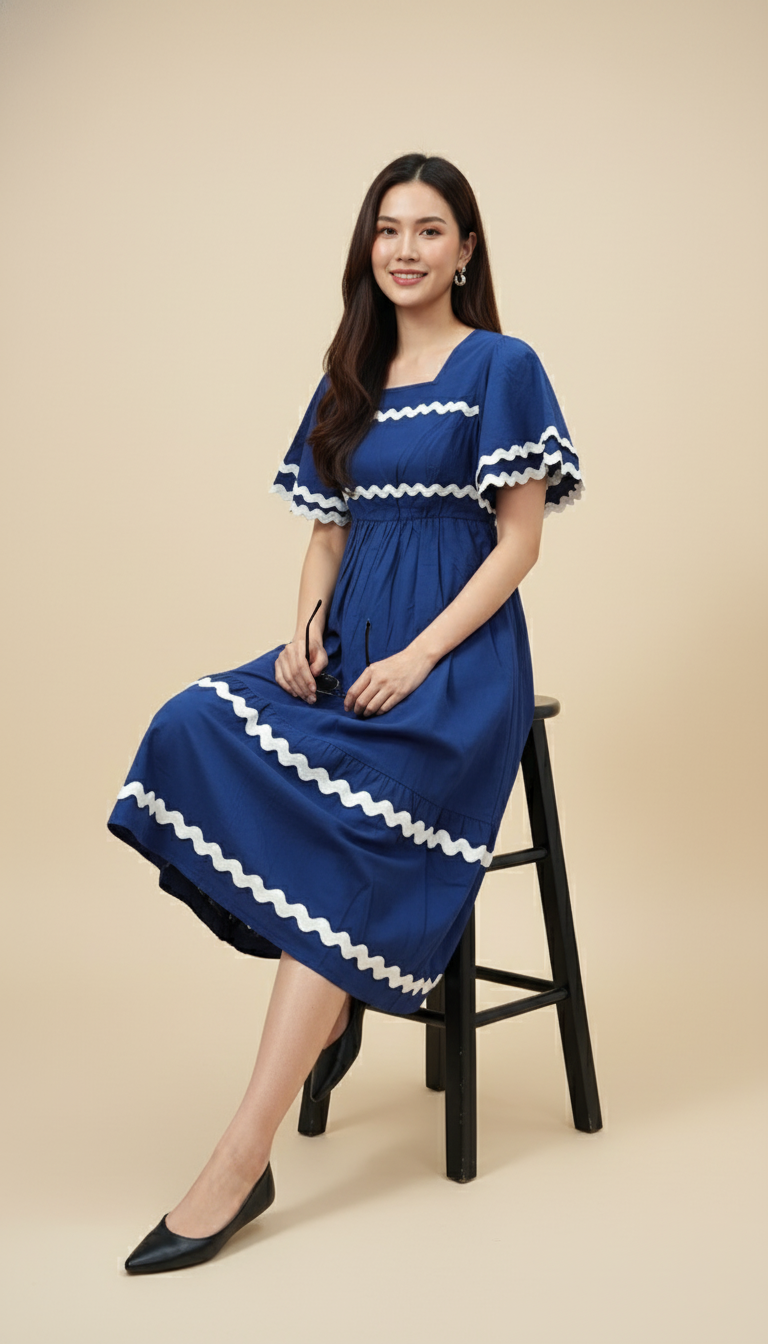 Maeve Azure Wave Square Neck Cotton Maxi Dress – Blue with White Trim