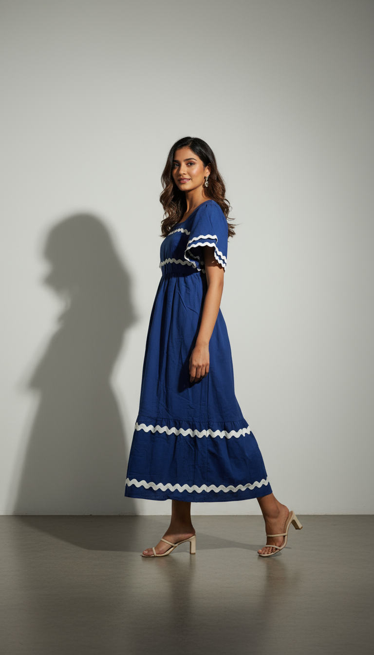 Maeve Azure Wave Square Neck Cotton Maxi Dress – Blue with White Trim