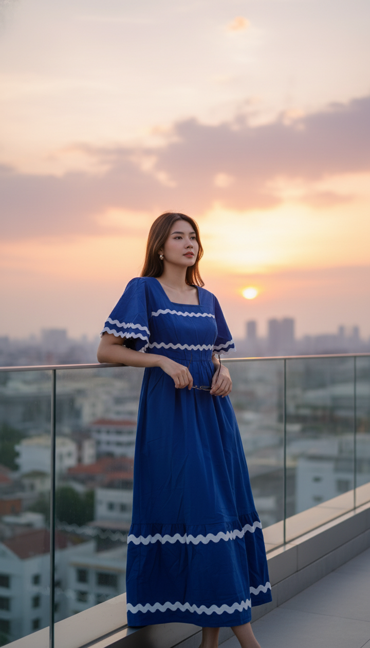 Maeve Azure Wave Square Neck Cotton Maxi Dress – Blue with White Trim