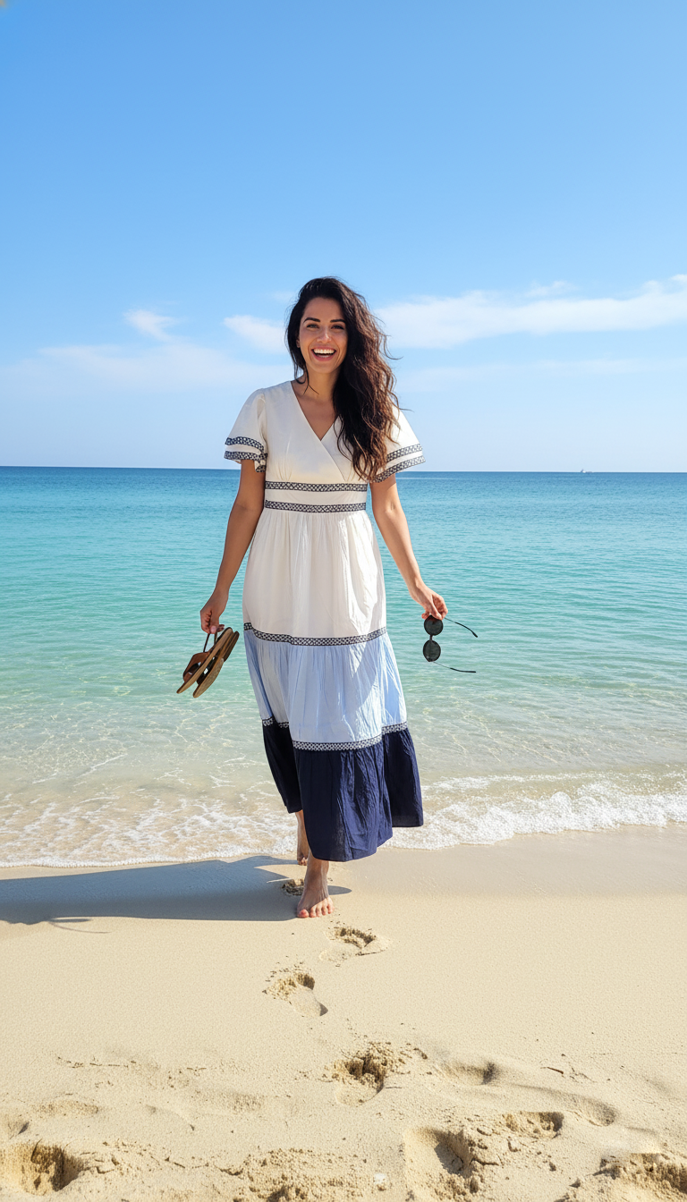 Maeve Blue Horizon Tiered Cotton Maxi Dress with Embroidered Detailing