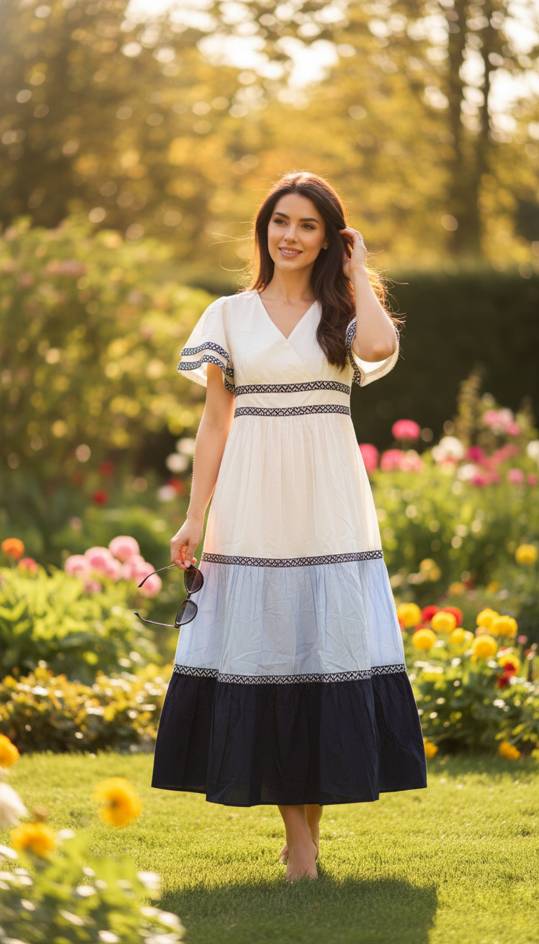 Maeve Blue Horizon Tiered Cotton Maxi Dress with Embroidered Detailing